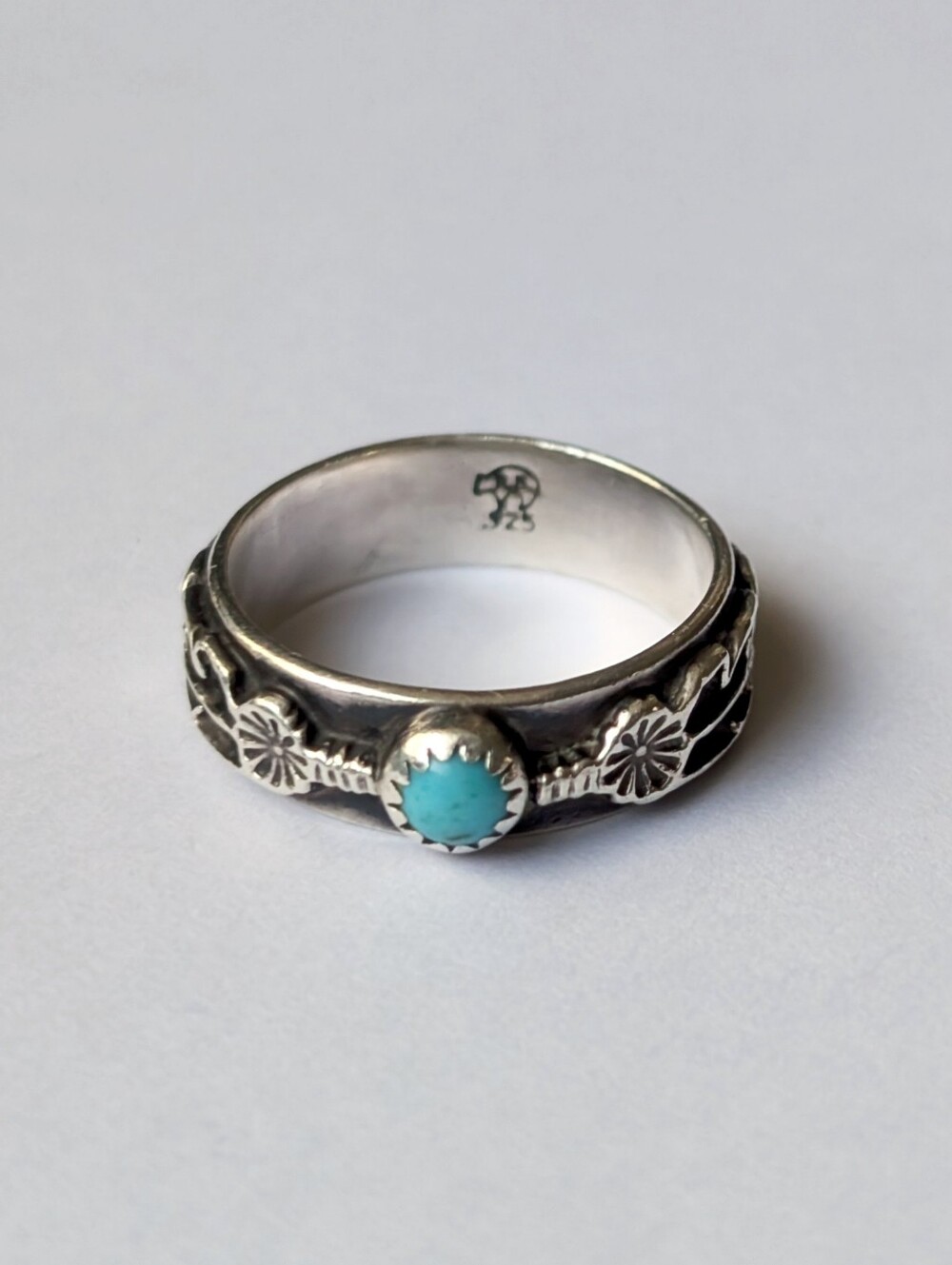 Running Bear Native American sterling silver turquoise ring feather flower band